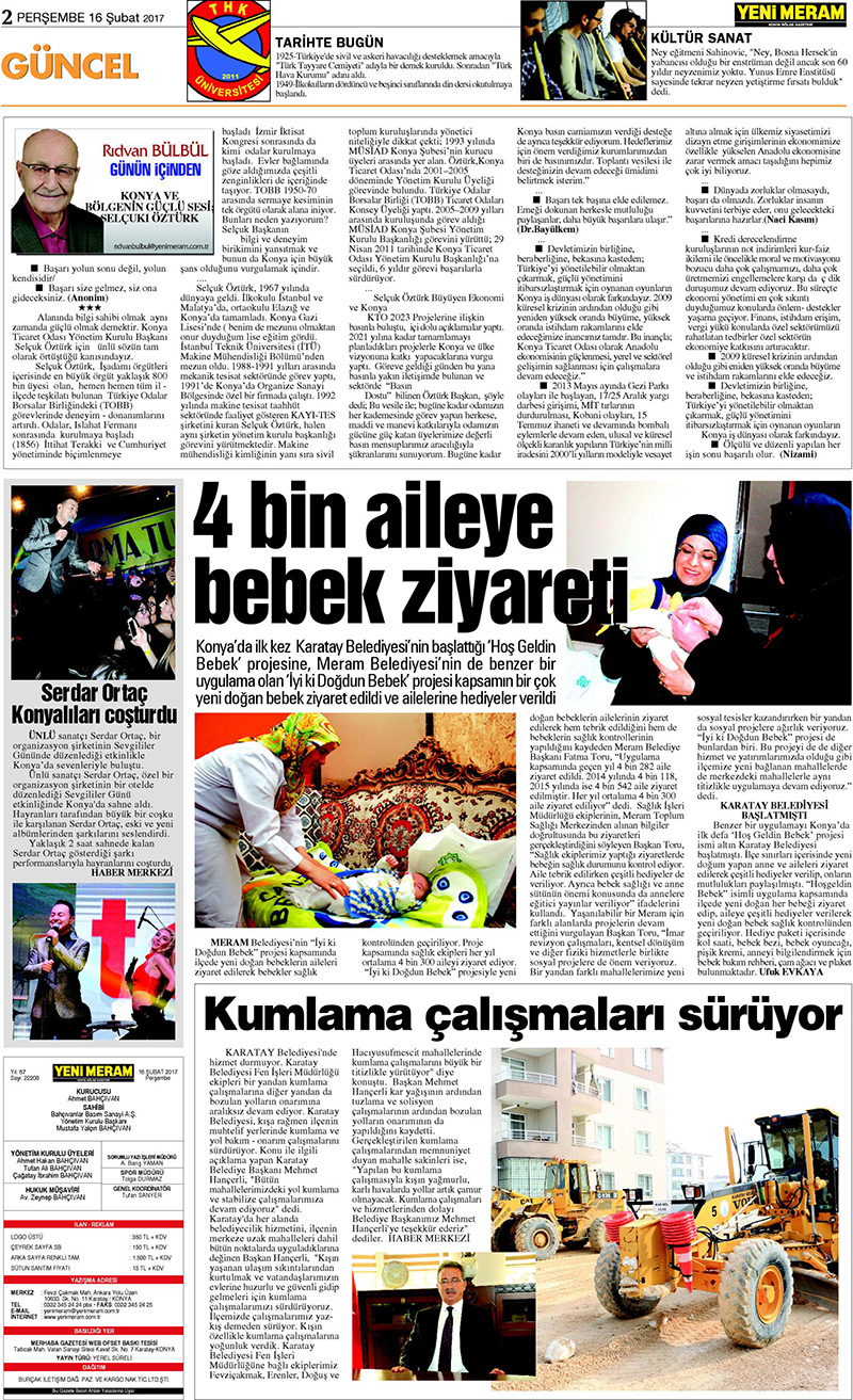 16 Şubat 2017 Yeni Meram Gazetesi