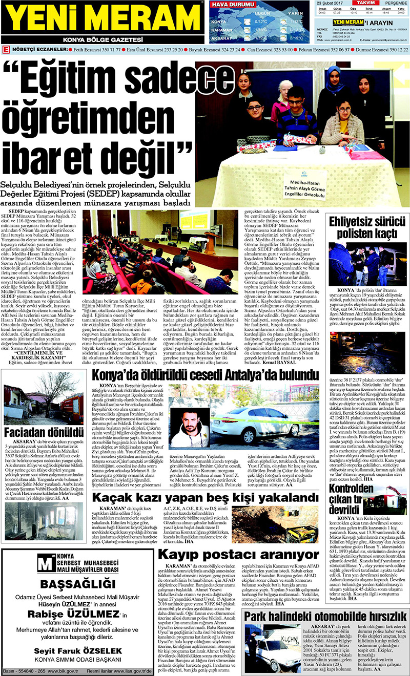 23 Şubat 2017 Yeni Meram Gazetesi
