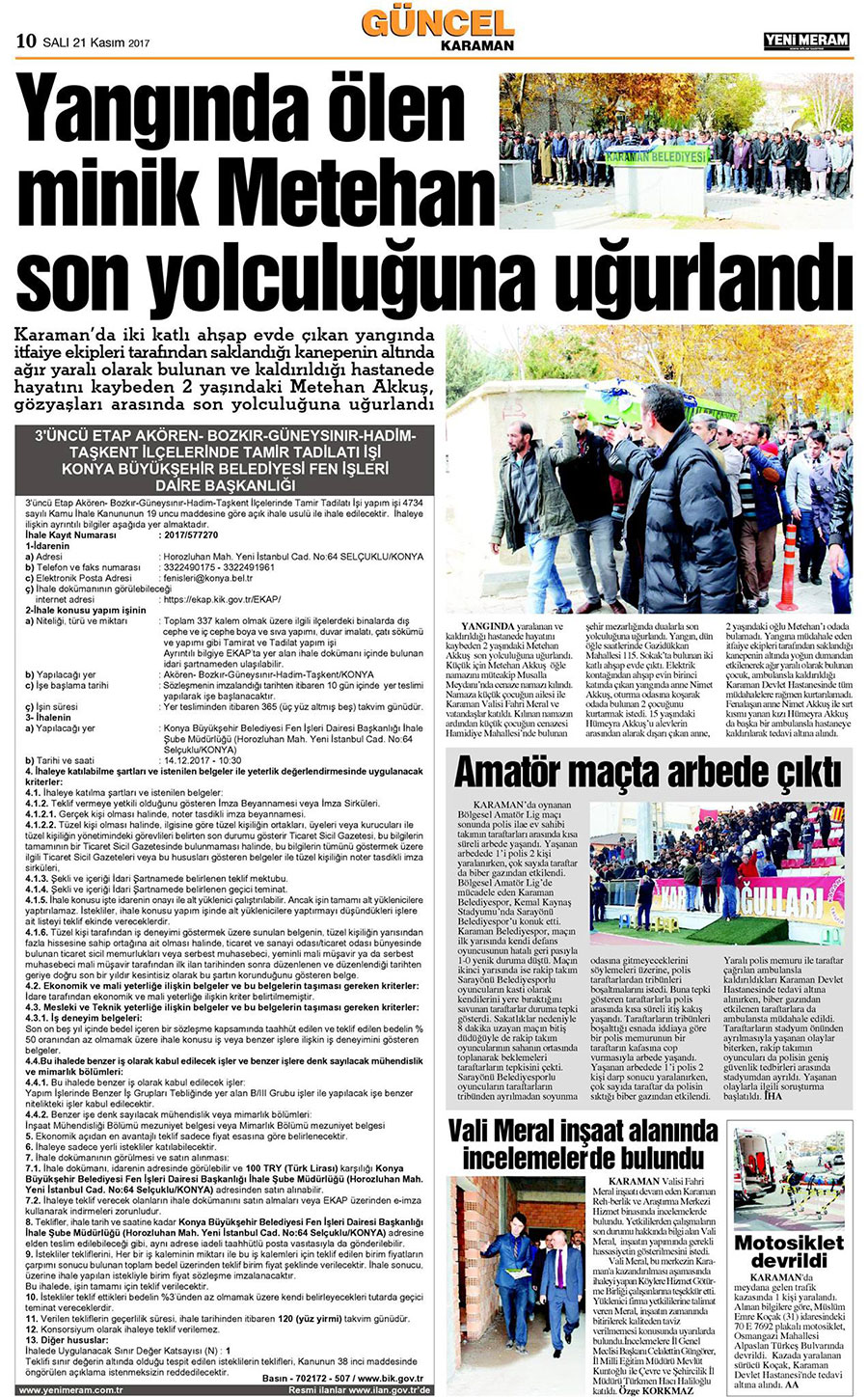 21 Kasım 2017 Yeni Meram Gazetesi