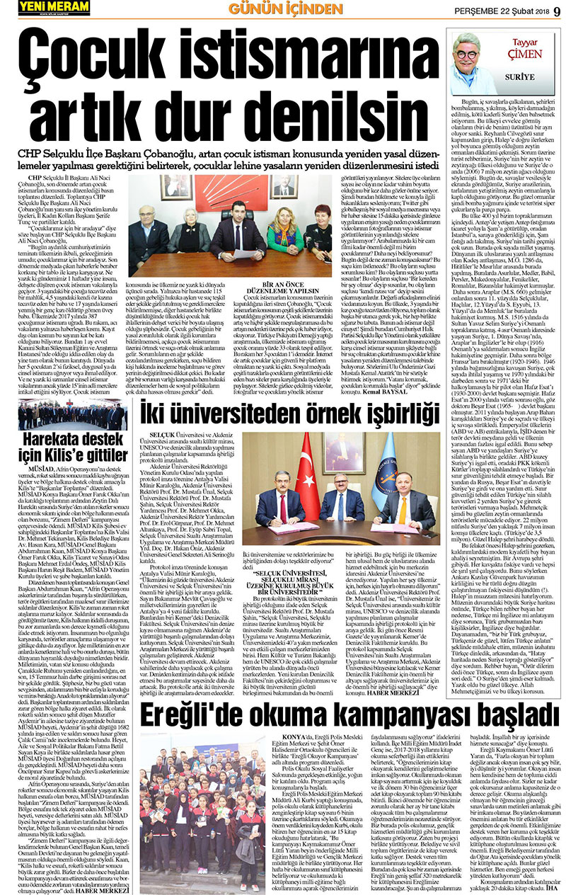 22 Şubat 2018 Yeni Meram Gazetesi