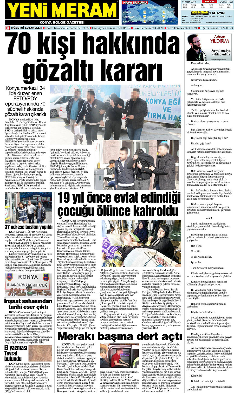 14 Nisan 2018 Yeni Meram Gazetesi
