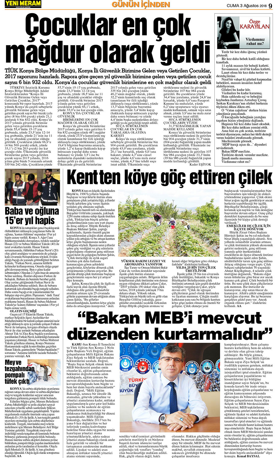 3 Ağustos 2018 Yeni Meram Gazetesi