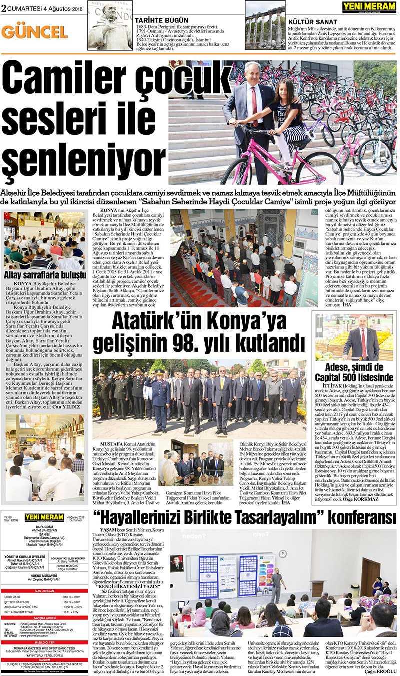 4 Ağustos 2018 Yeni Meram Gazetesi