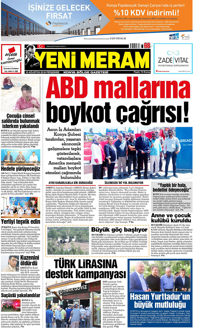 16 Ağustos 2018 Yeni Meram Gazetesi
