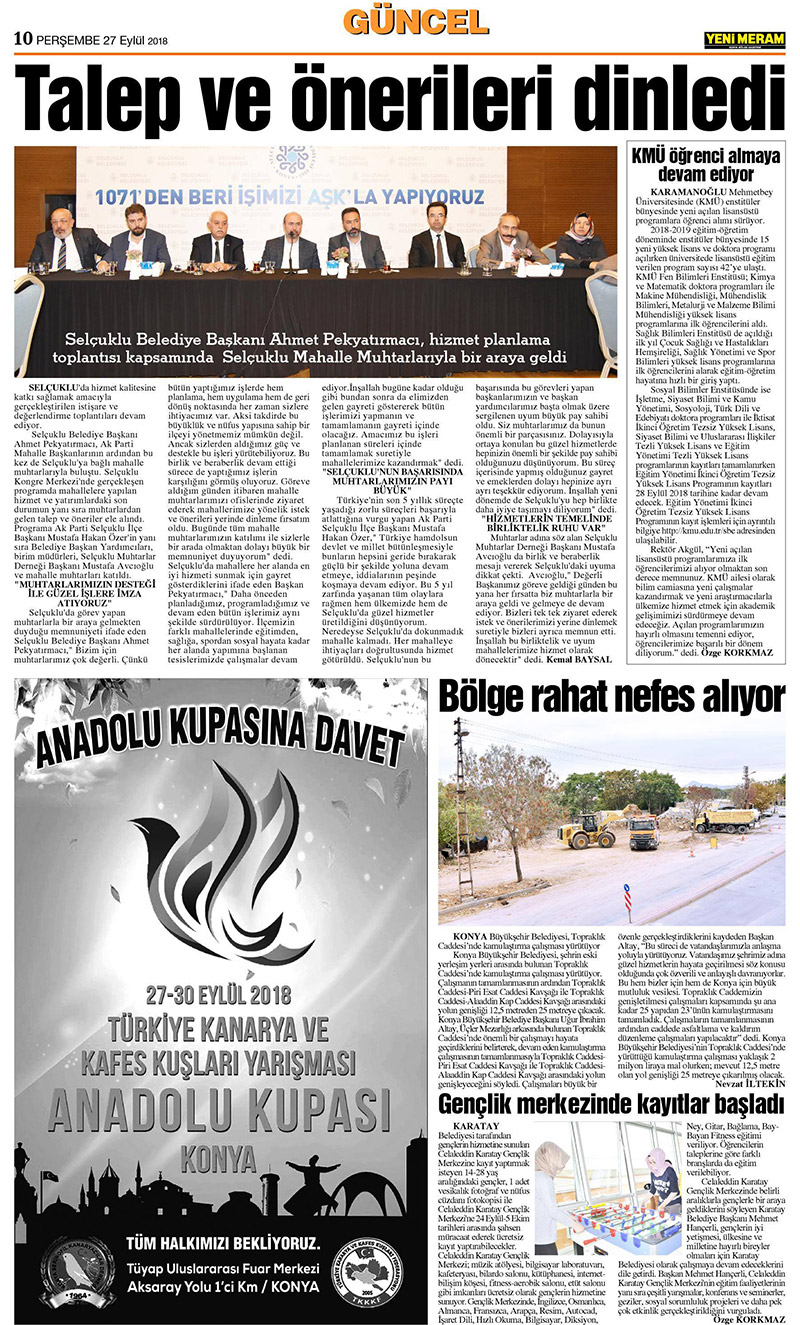 27 Eylül 2018 Yeni Meram Gazetesi