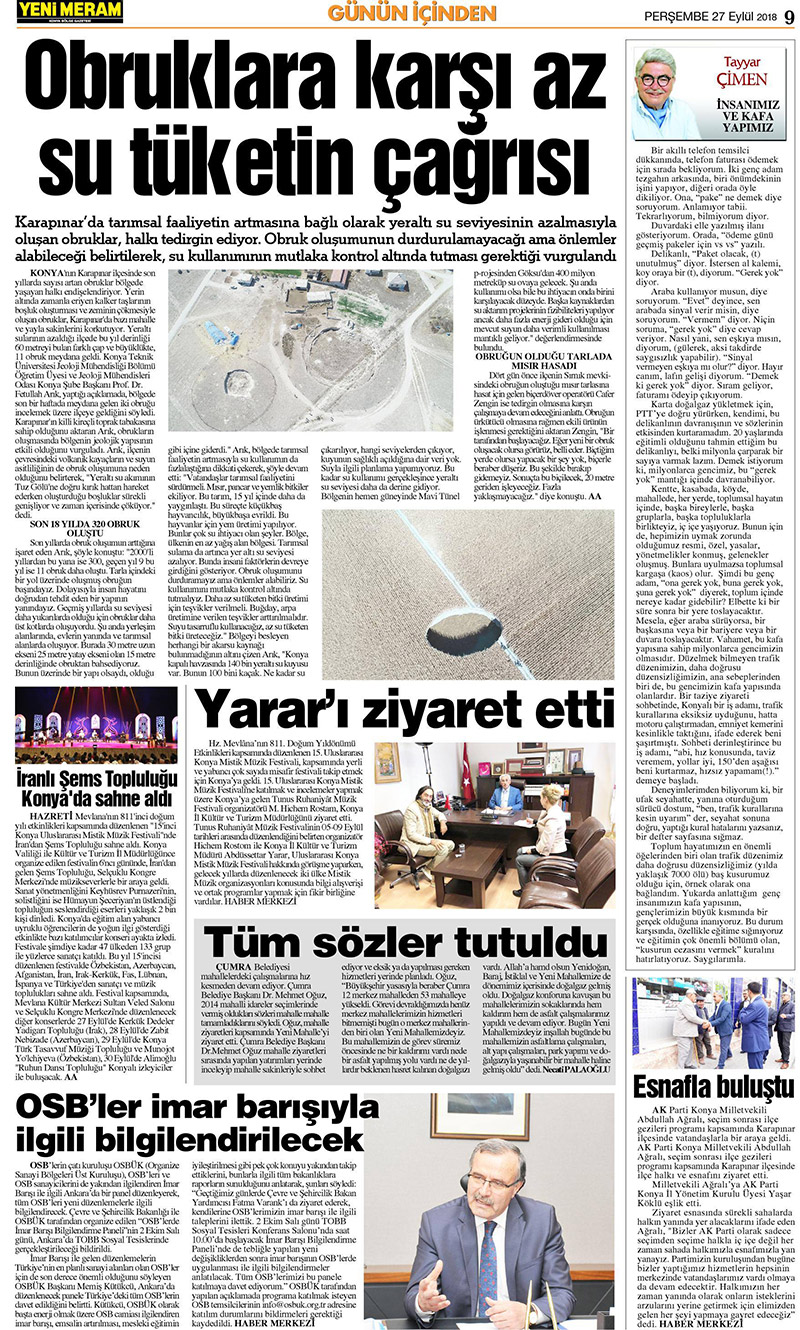 27 Eylül 2018 Yeni Meram Gazetesi