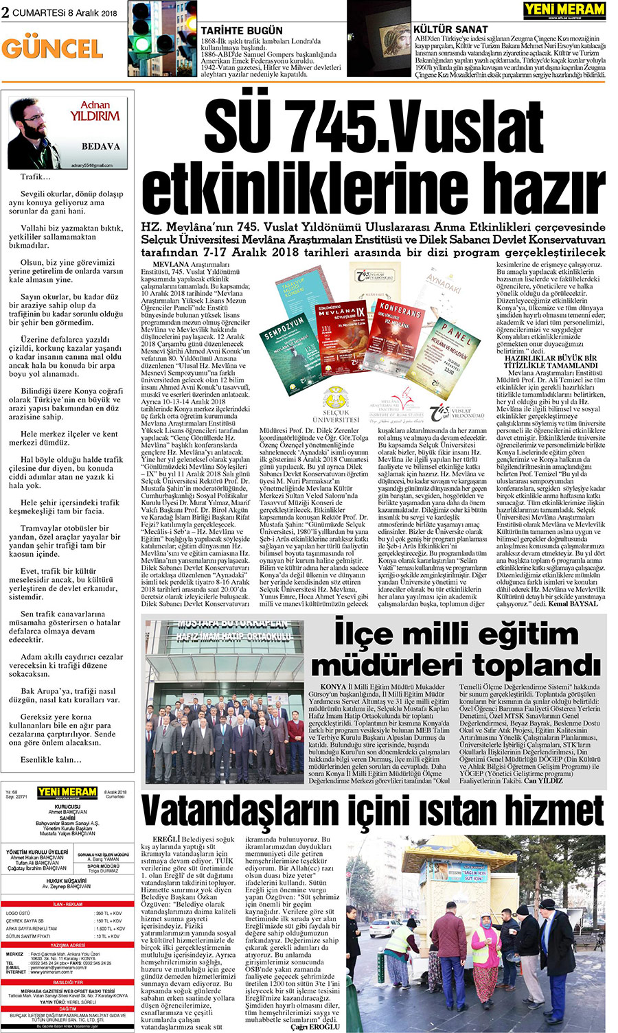 8 Aralık 2018 Yeni Meram Gazetesi
