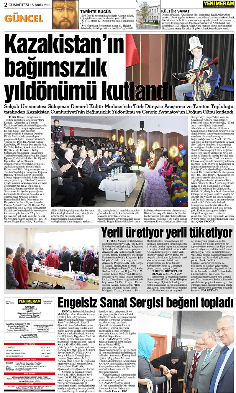 15 Aralık 2018 Yeni Meram Gazetesi