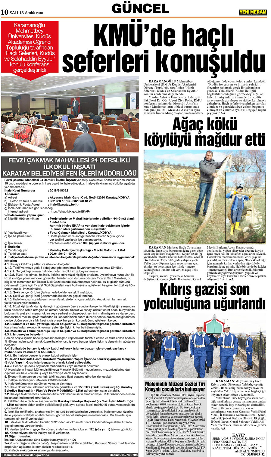 18 Aralık 2018 Yeni Meram Gazetesi