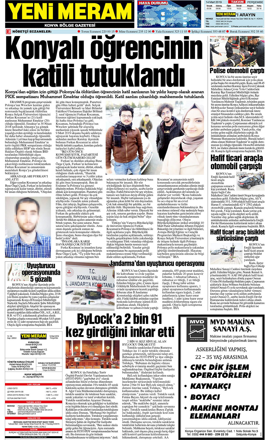 14 Mart 2019 Yeni Meram Gazetesi