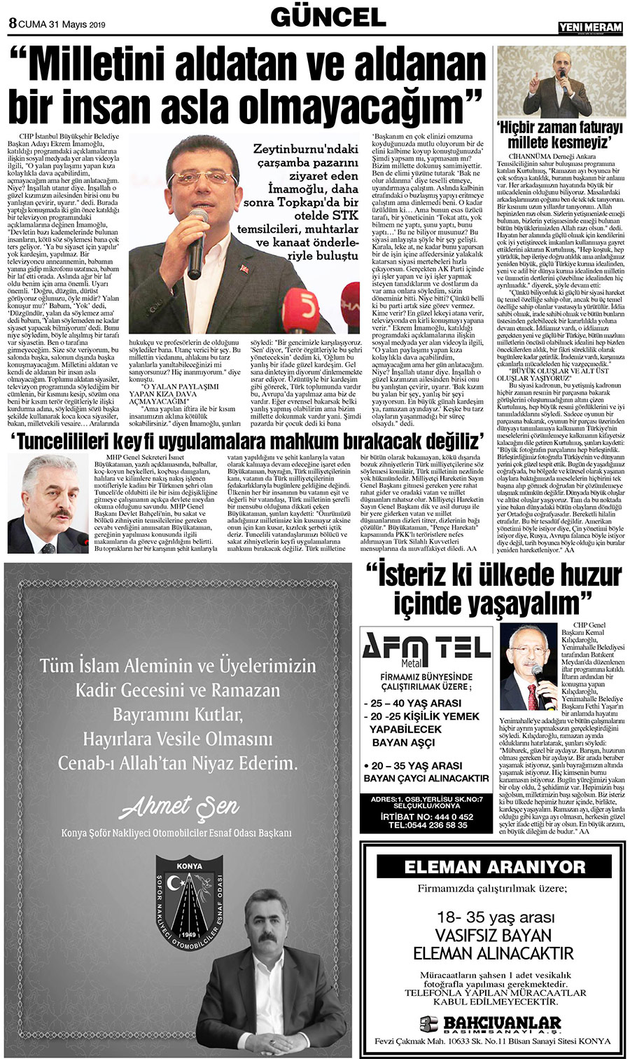 31 Mayıs 2019 Yeni Meram Gazetesi