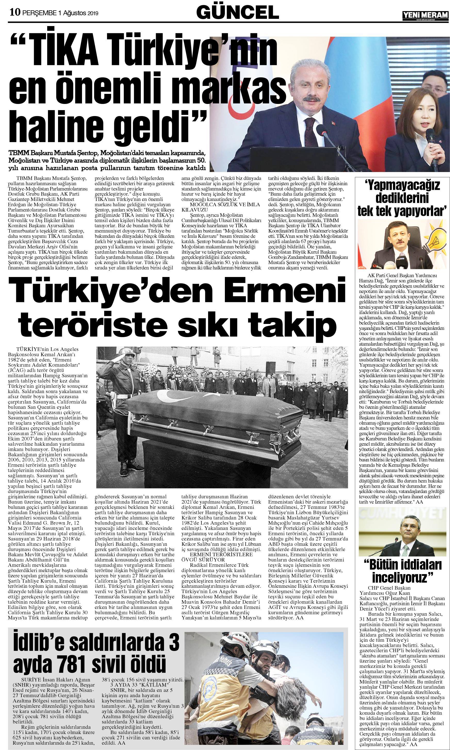 1 Ağustos 2019 Yeni Meram Gazetesi