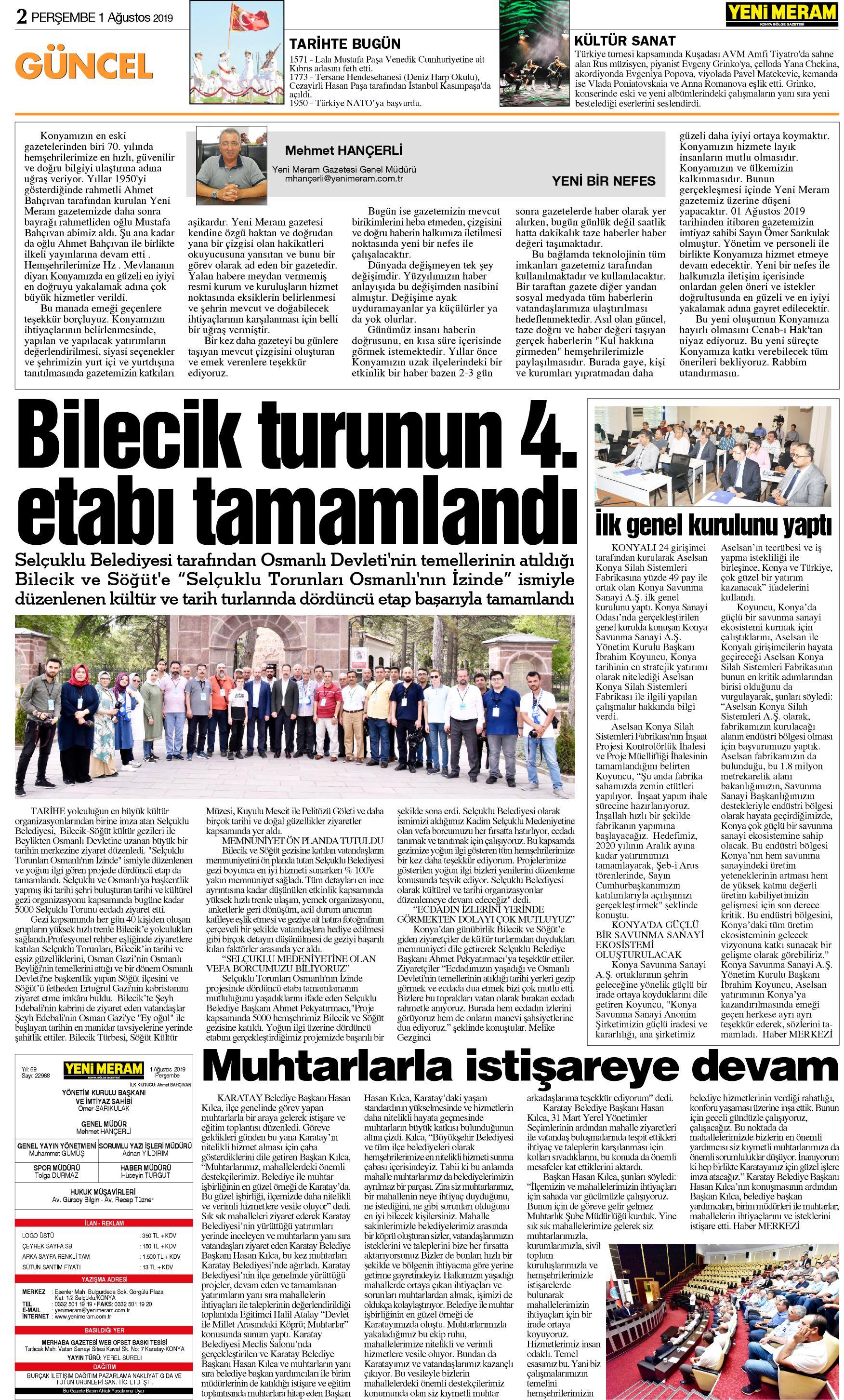 1 Ağustos 2019 Yeni Meram Gazetesi