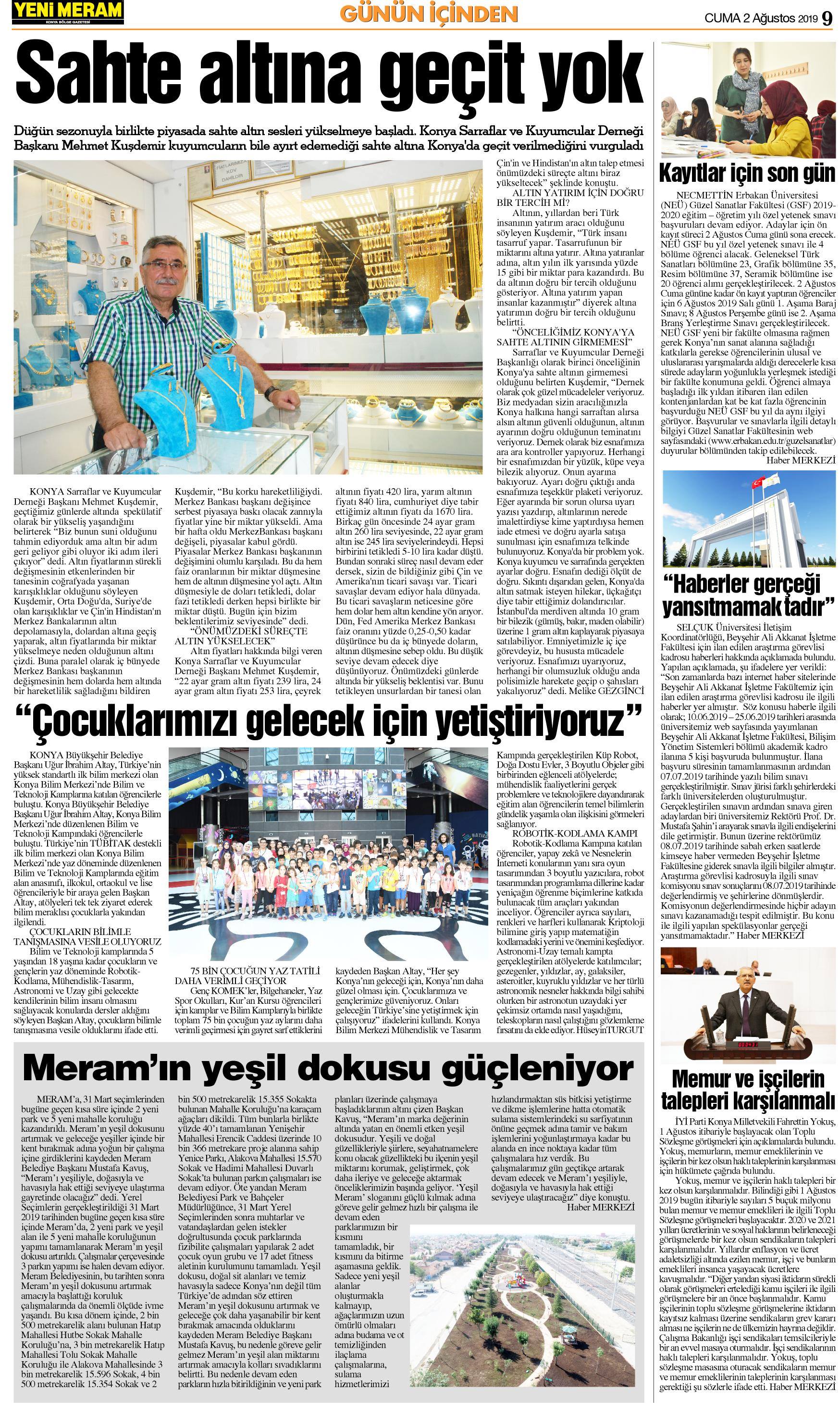 2 Ağustos 2019 Yeni Meram Gazetesi