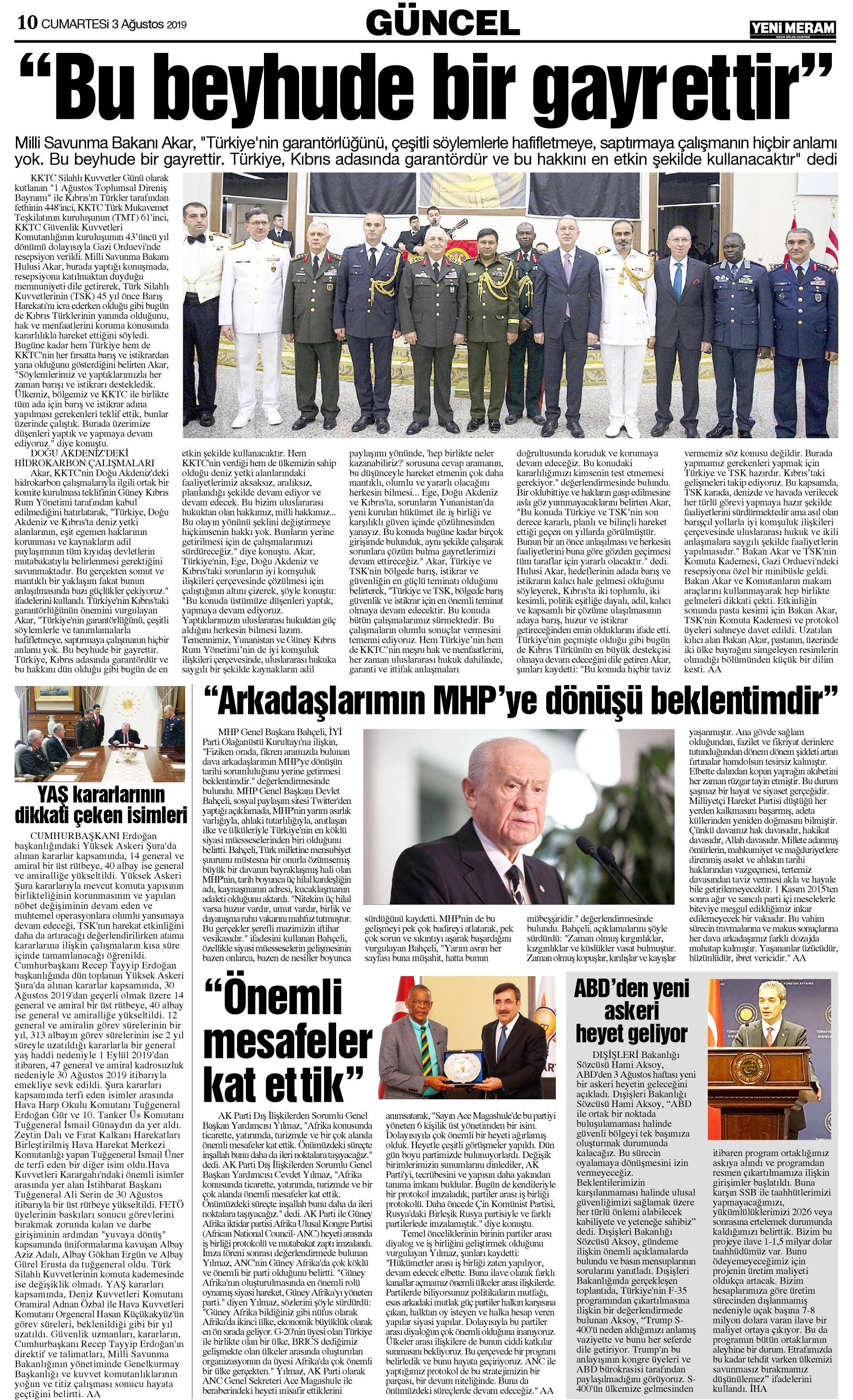 3 Ağustos 2019 Yeni Meram Gazetesi
