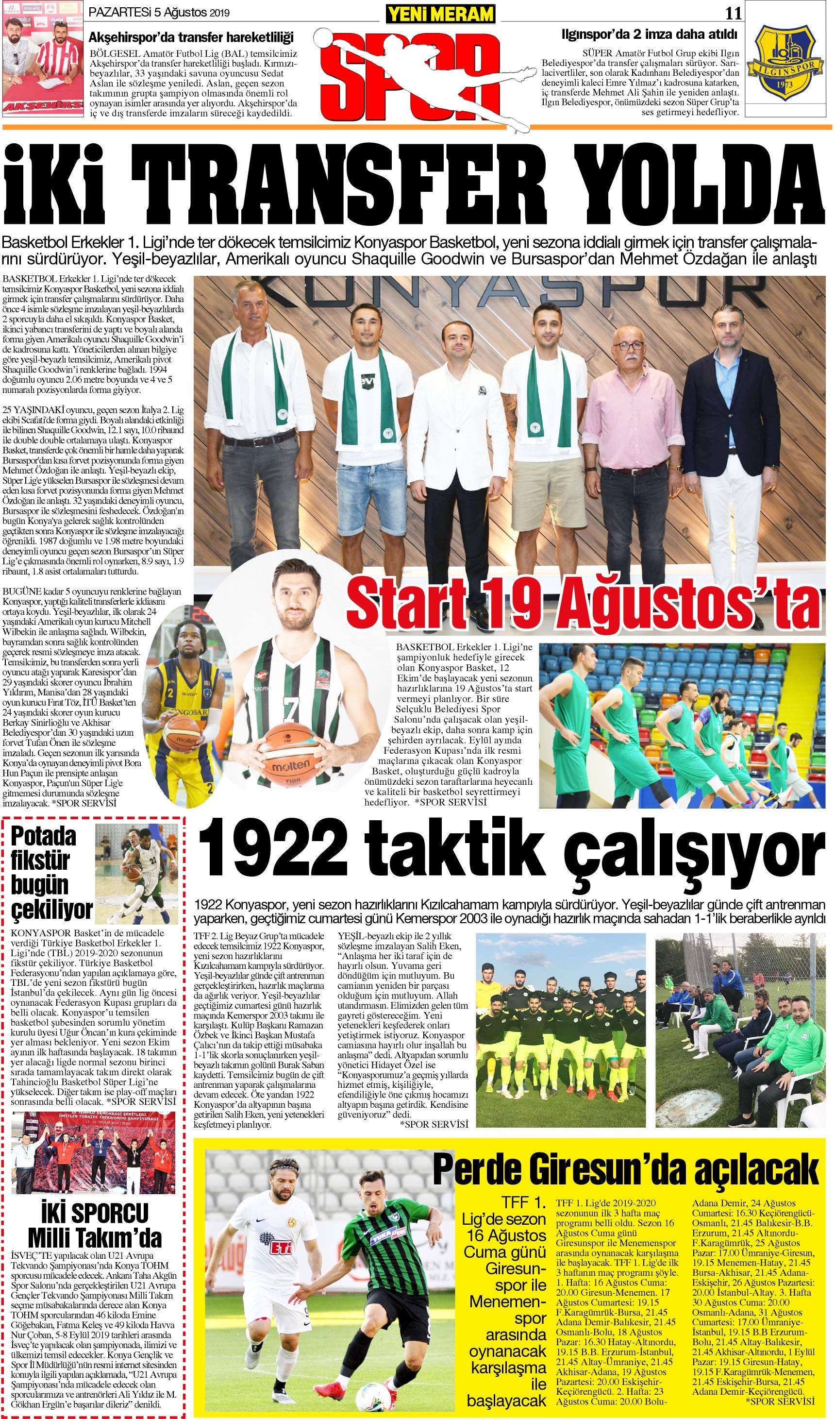 5 Ağustos 2019 Yeni Meram Gazetesi