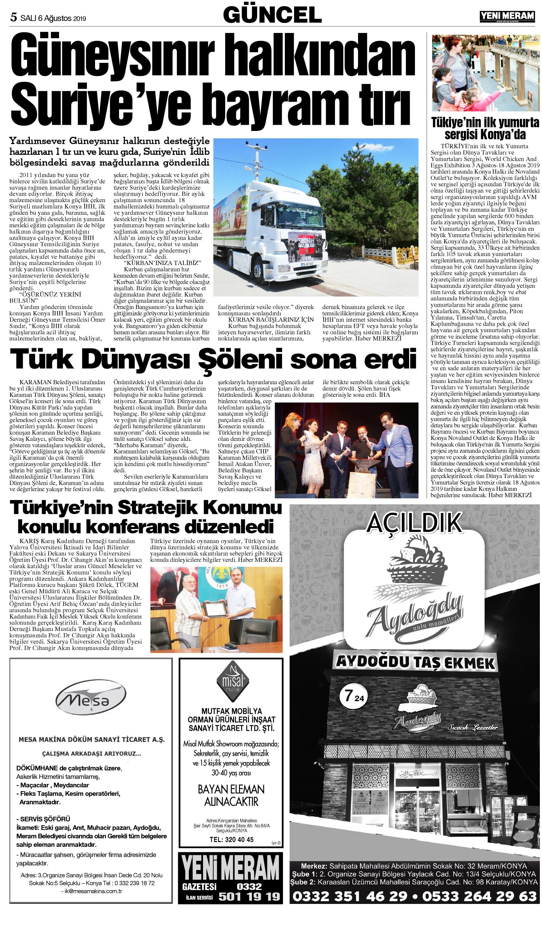 6 Ağustos 2019 Yeni Meram Gazetesi