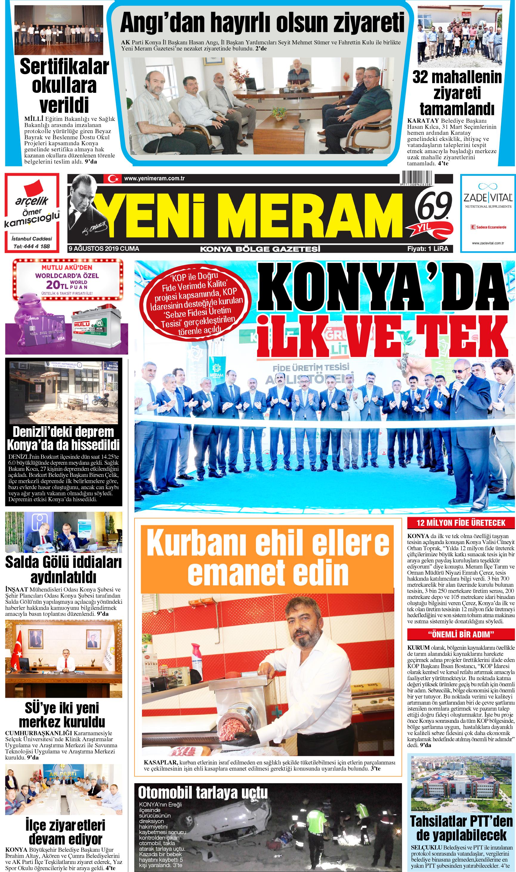 9 Ağustos 2019 Yeni Meram Gazetesi