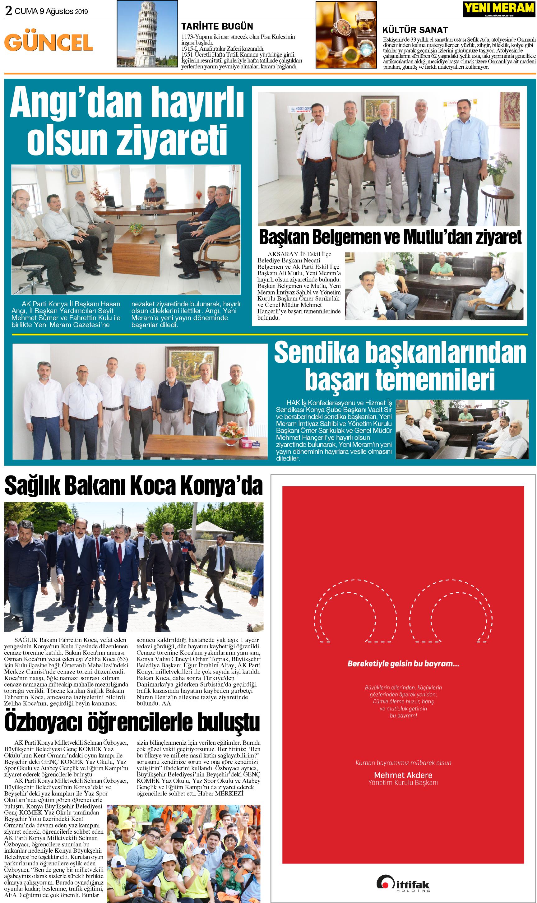 9 Ağustos 2019 Yeni Meram Gazetesi