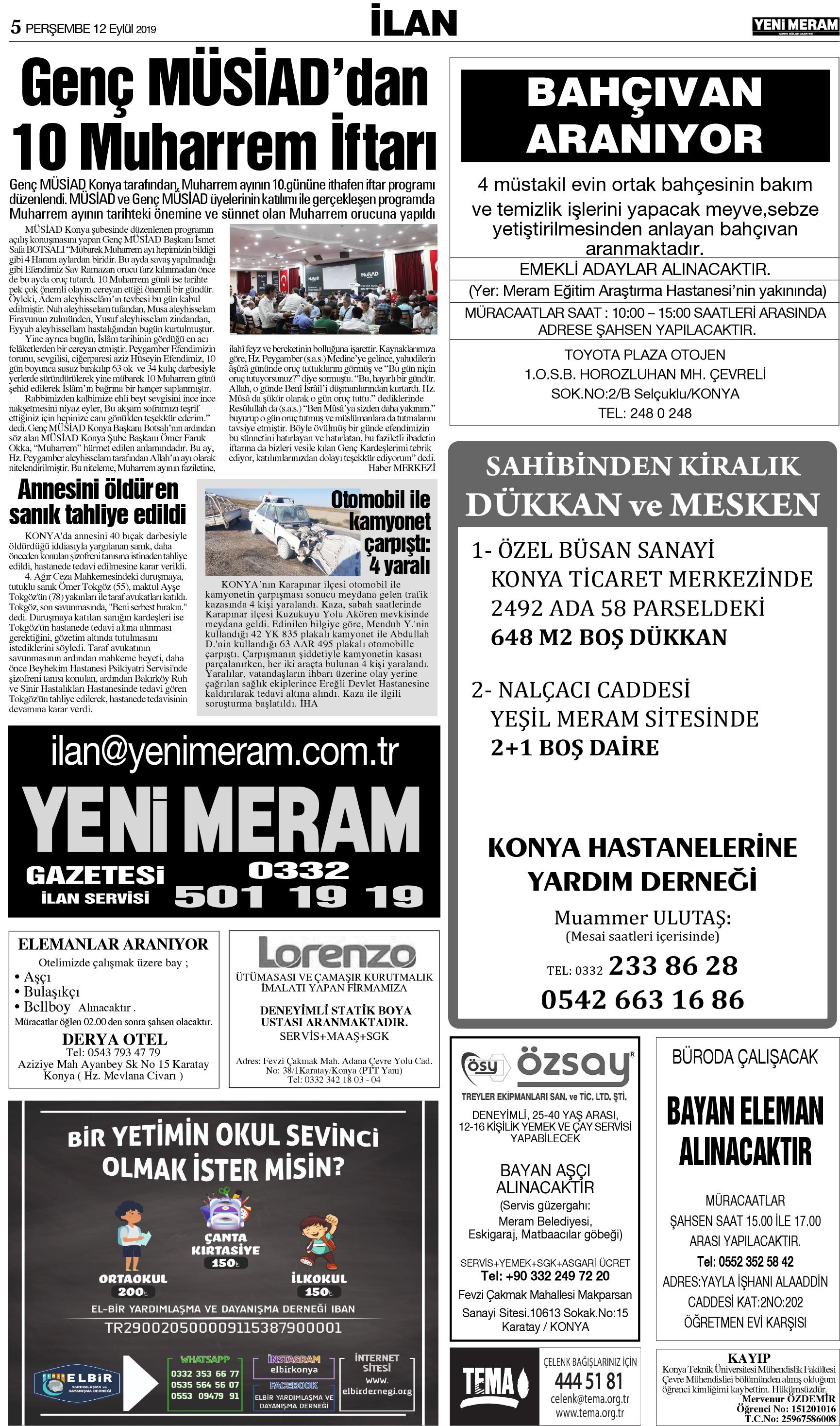 12 Eylül 2019 Yeni Meram Gazetesi