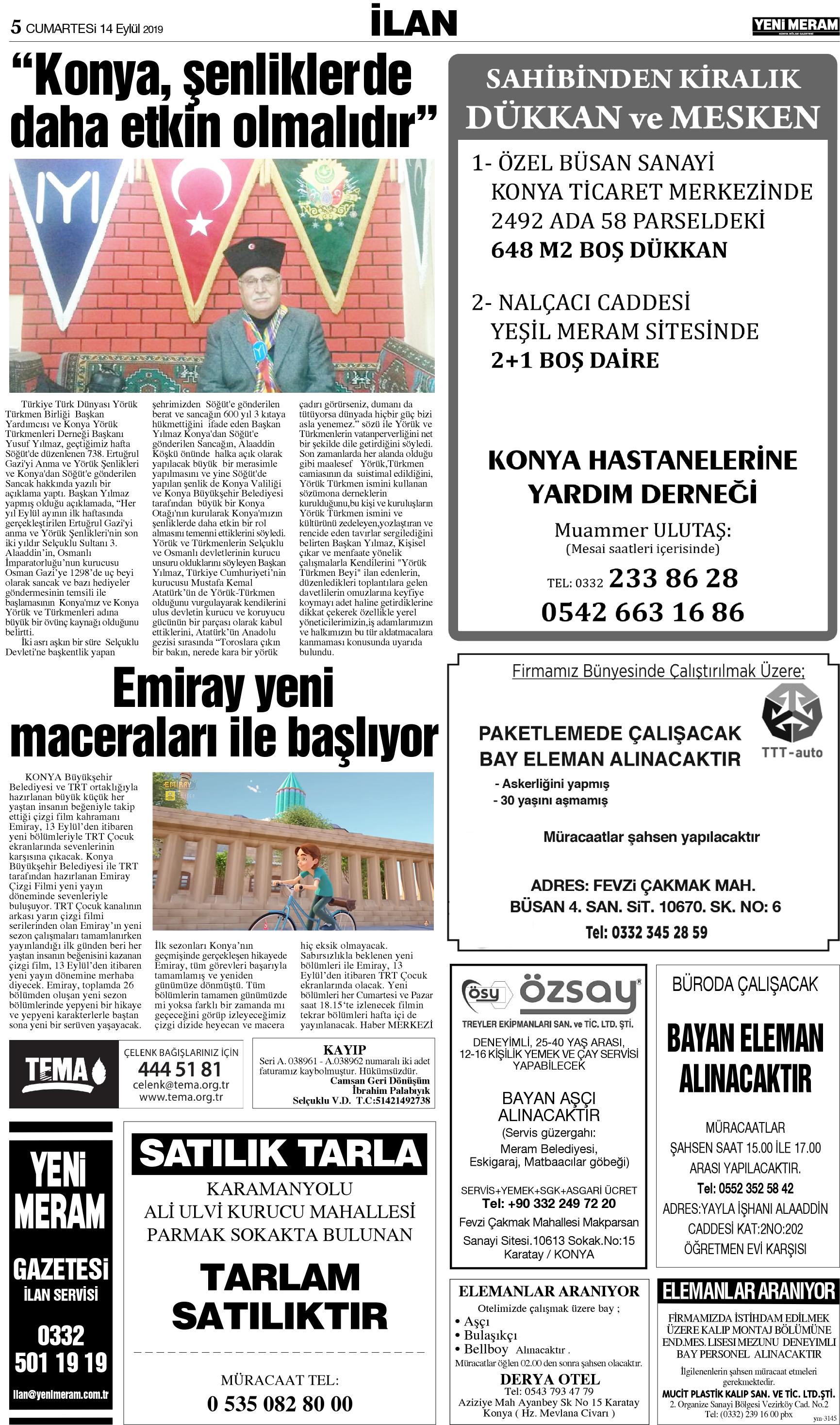 14 Eylül 2019 Yeni Meram Gazetesi