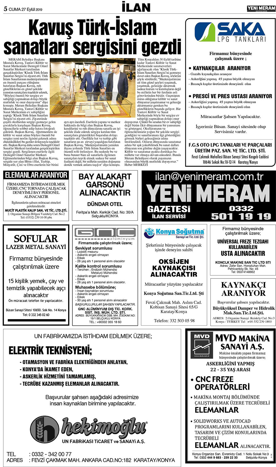 27 Eylül 2019 Yeni Meram Gazetesi