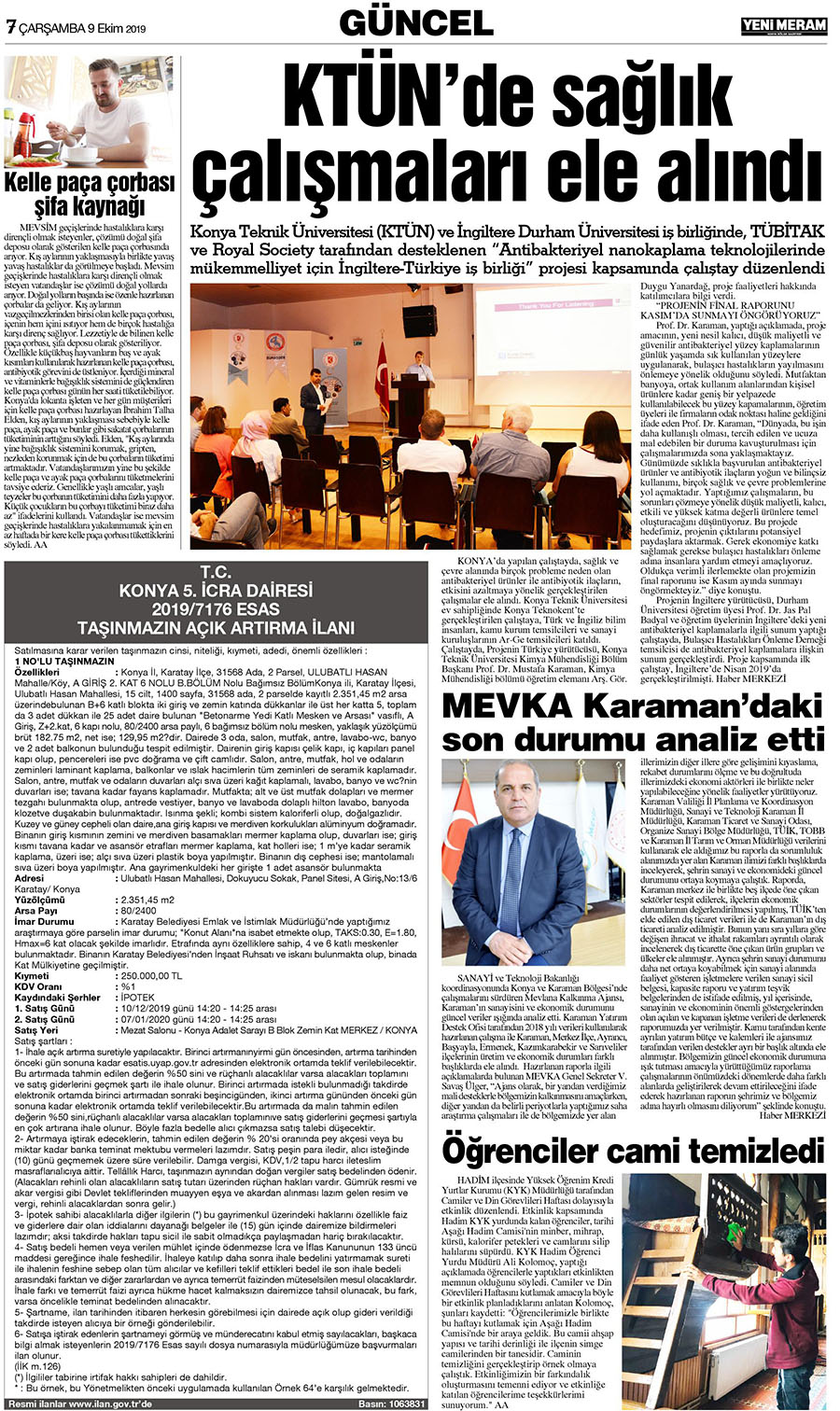 9 Ekim 2019 Yeni Meram Gazetesi