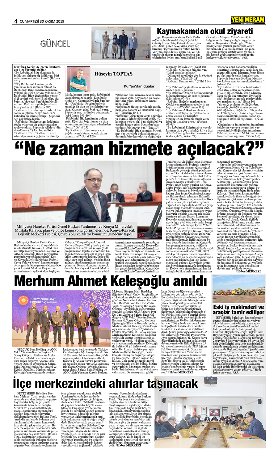 30 Kasım 2019 Yeni Meram Gazetesi