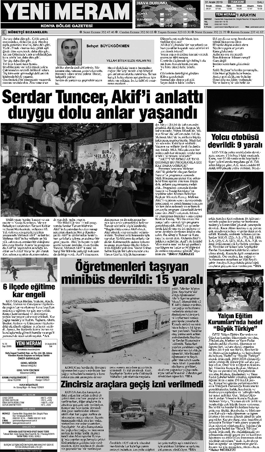 31 Aralık 2019 Yeni Meram Gazetesi