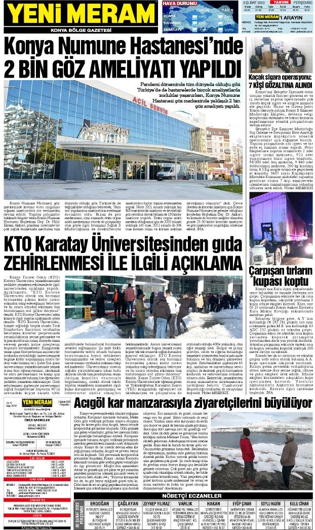 3 Şubat 2022 Yeni Meram Gazetesi
