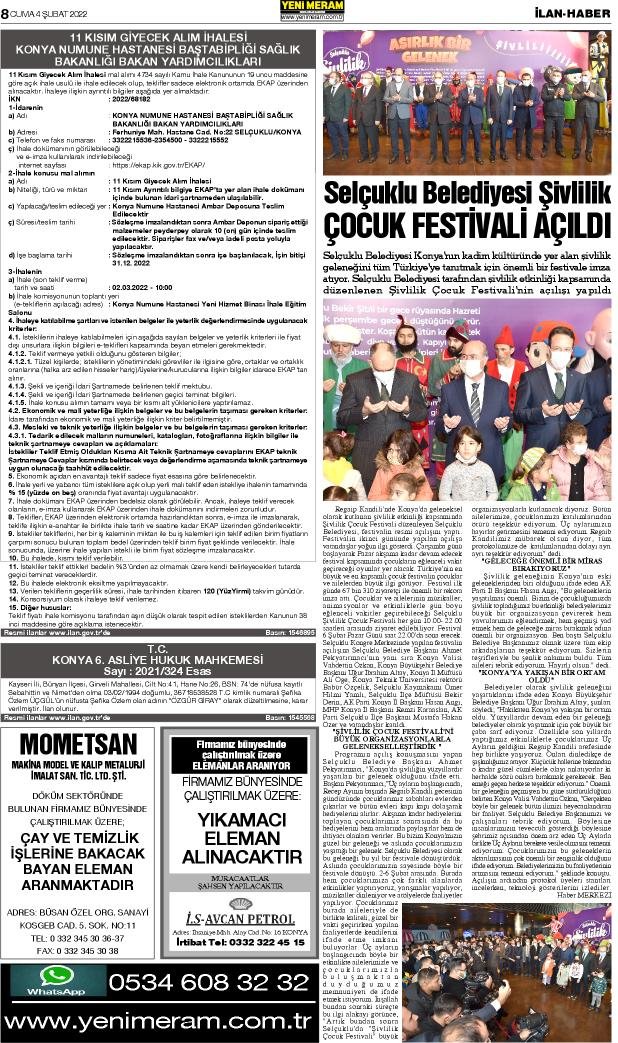 4 Şubat 2022 Yeni Meram Gazetesi
