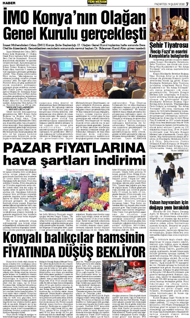 14 Şubat 2022 Yeni Meram Gazetesi
