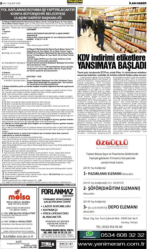 15 Şubat 2022 Yeni Meram Gazetesi
