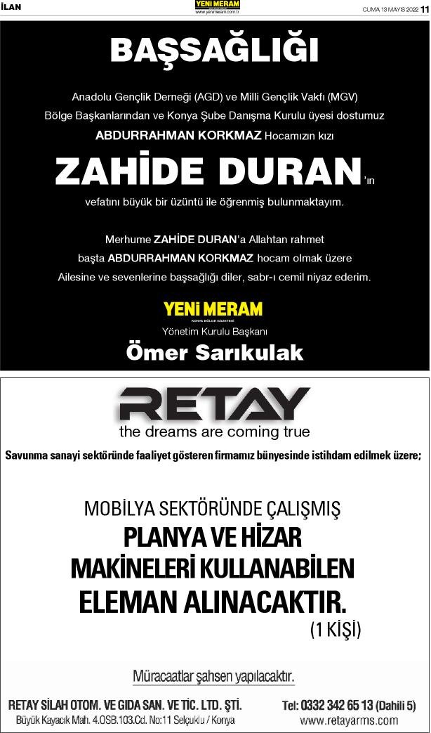 13 Mayıs 2022 Yeni Meram Gazetesi
