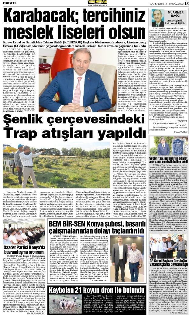 13 Temmuz 2022 Yeni Meram Gazetesi
