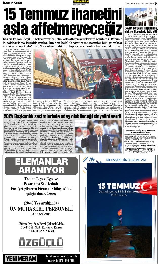 16 Temmuz 2022 Yeni Meram Gazetesi