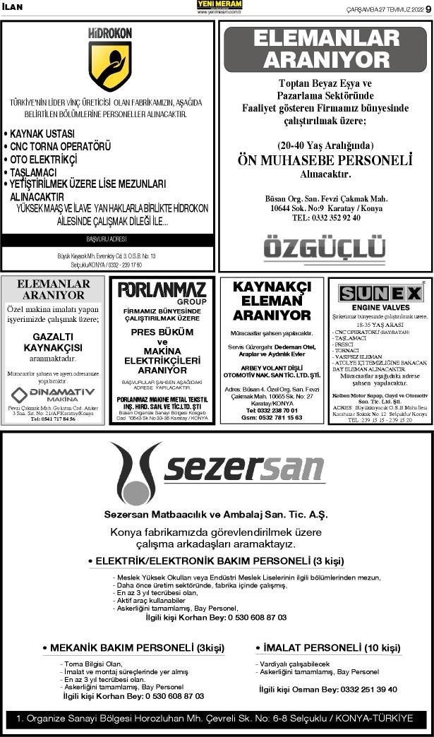 27 Temmuz 2022 Yeni Meram Gazetesi
