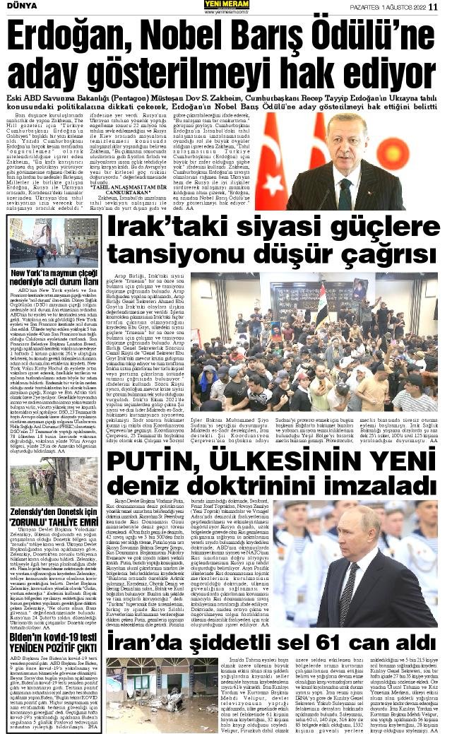 1 Ağustos 2022 Yeni Meram Gazetesi
