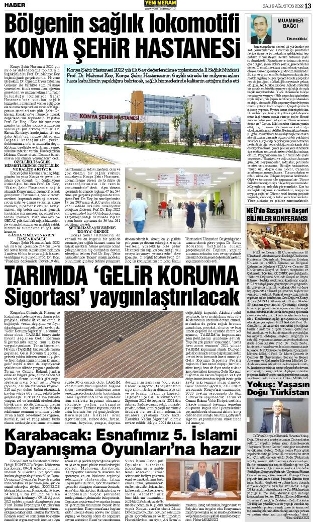 2 Ağustos 2022 Yeni Meram Gazetesi
