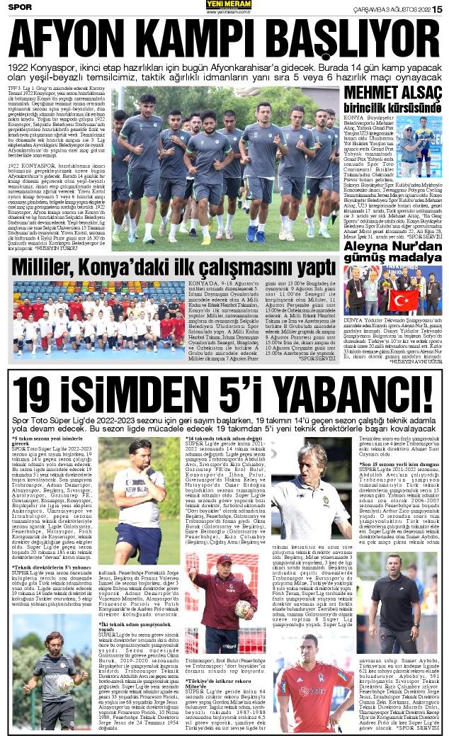 3 Ağustos 2022 Yeni Meram Gazetesi
