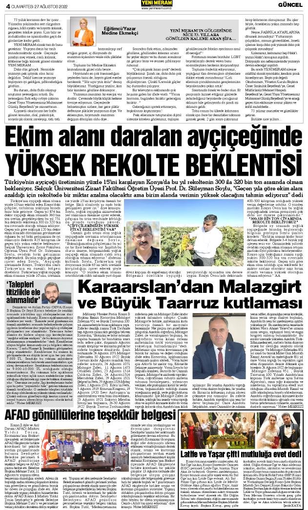 27 Ağustos 2022 Yeni Meram Gazetesi