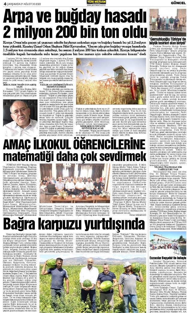 31 Ağustos 2022 Yeni Meram Gazetesi
