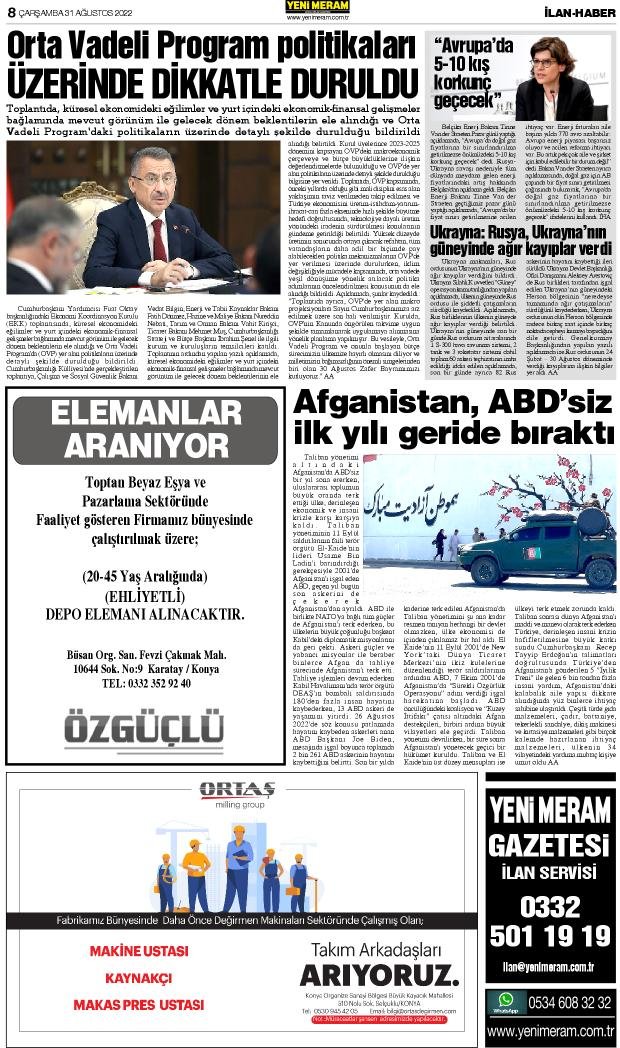 31 Ağustos 2022 Yeni Meram Gazetesi

