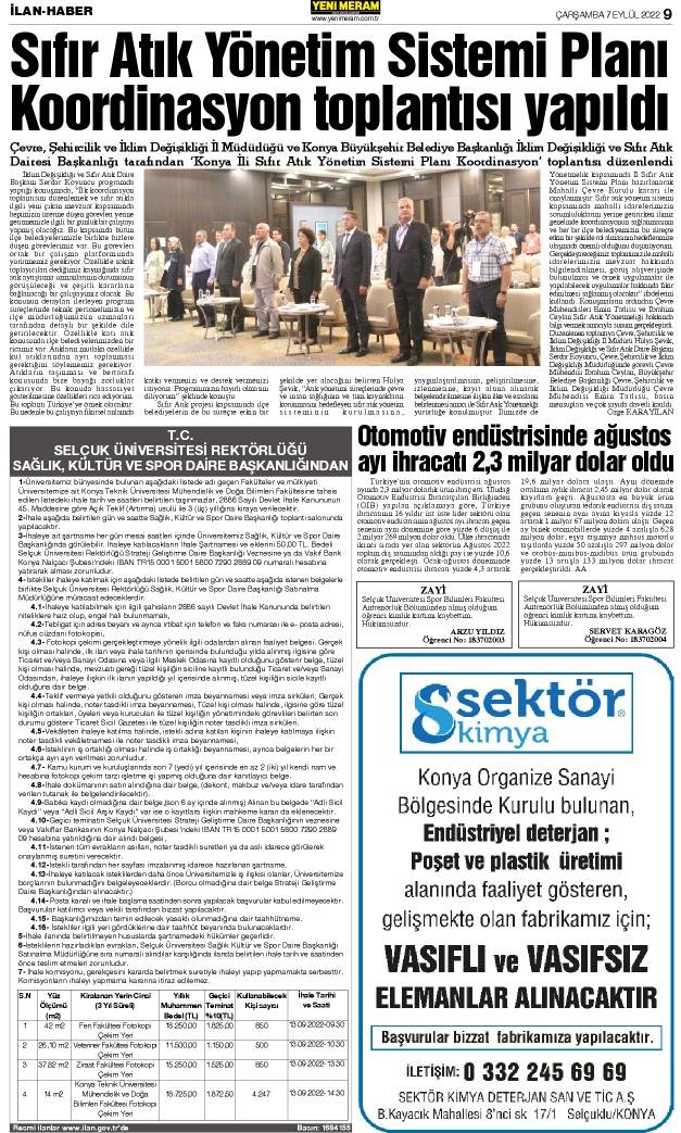 7 Eylül 2022 Yeni Meram Gazetesi
