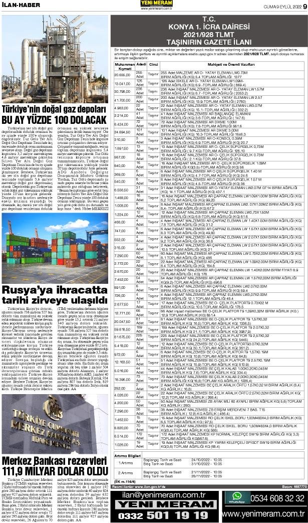 9 Eylül 2022 Yeni Meram Gazetesi
