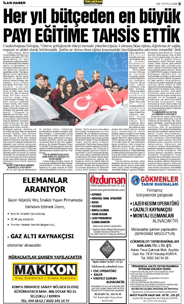 13 Eylül 2022 Yeni Meram Gazetesi
