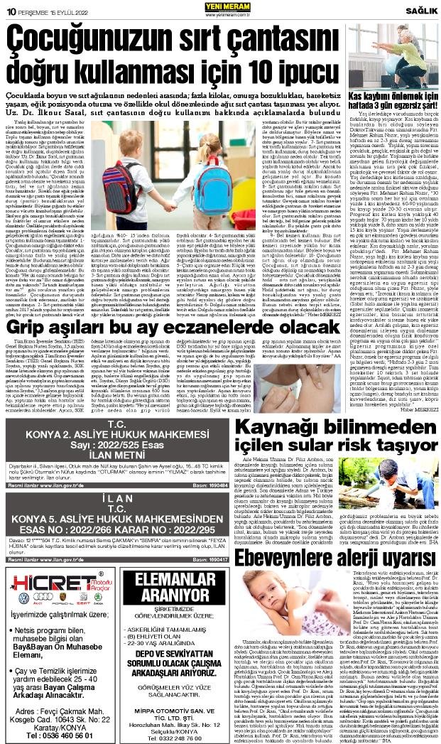 15 Eylül 2022 Yeni Meram Gazetesi
