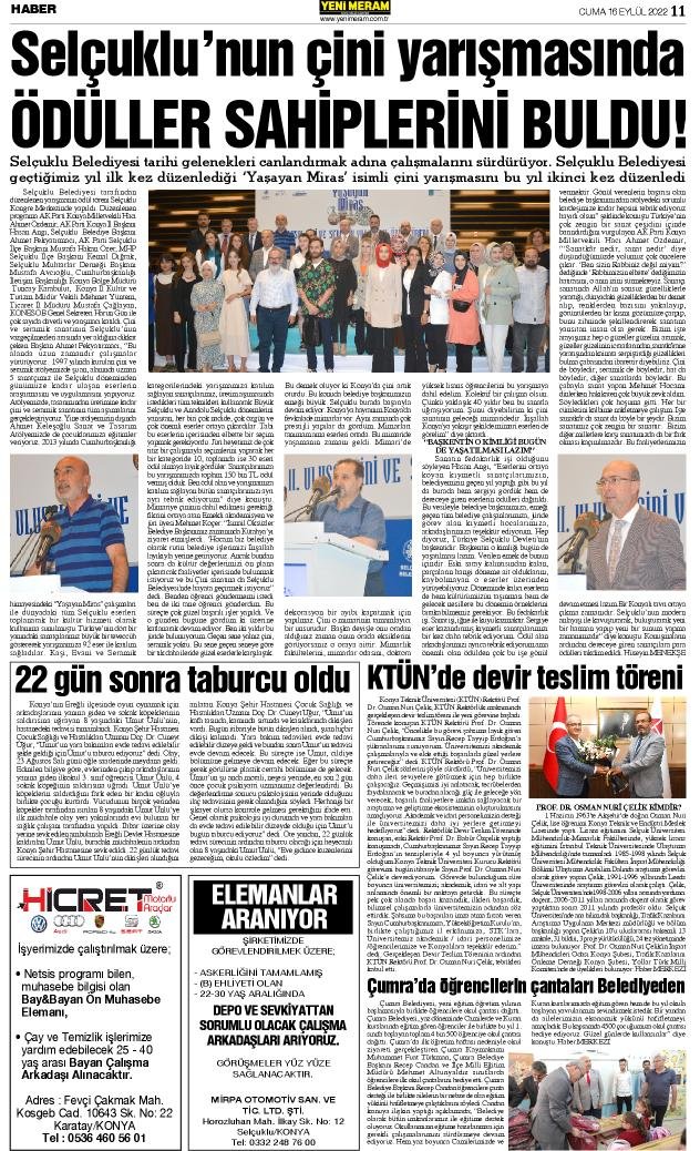 16 Eylül 2022 Yeni Meram Gazetesi
