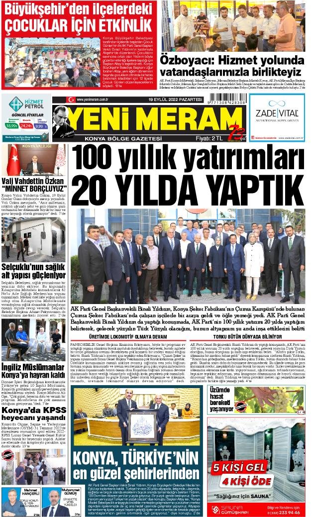 19 Eylül 2022 Yeni Meram Gazetesi