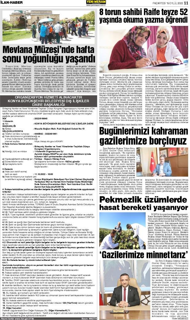 19 Eylül 2022 Yeni Meram Gazetesi